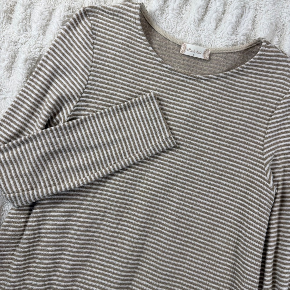 Altar'd State Womens Tan White Striped Ruffle Hem Long Sleeve Top L BE15210F18